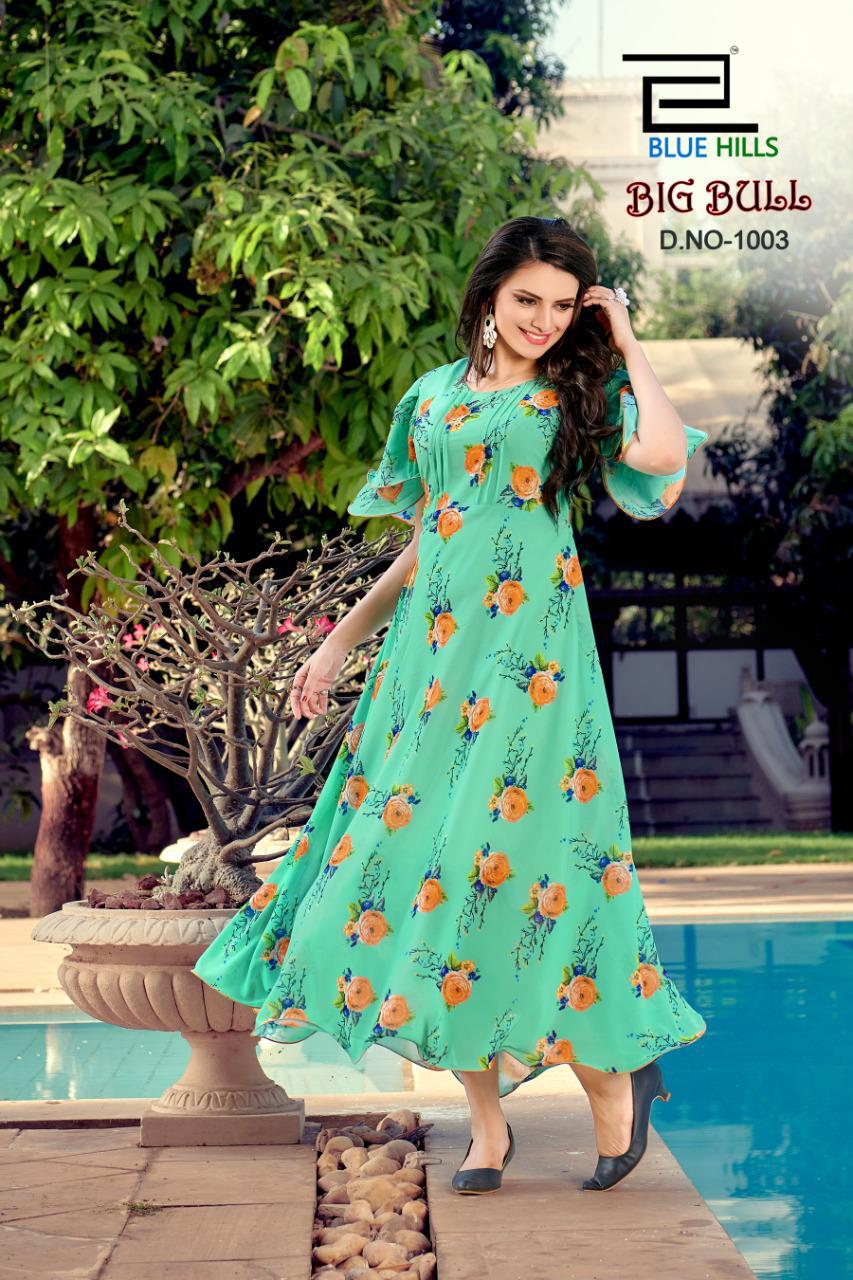 
Blue Hills Big Bull 1 Latest Fancy Designer Flair  Chiffon digital Printed Kurti Collection